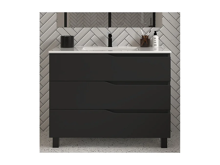 Meuble de salle de bain 90cm simple vasque - 3 tiroirs - sans miroir - noir - MATA