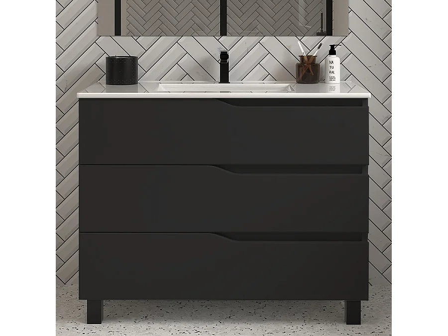 Meuble de salle de bain 90cm simple vasque - 3 tiroirs - sans miroir - noir - MATA