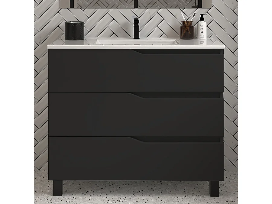Meuble de salle de bain 90cm simple vasque - 3 tiroirs - sans miroir - noir - MATA