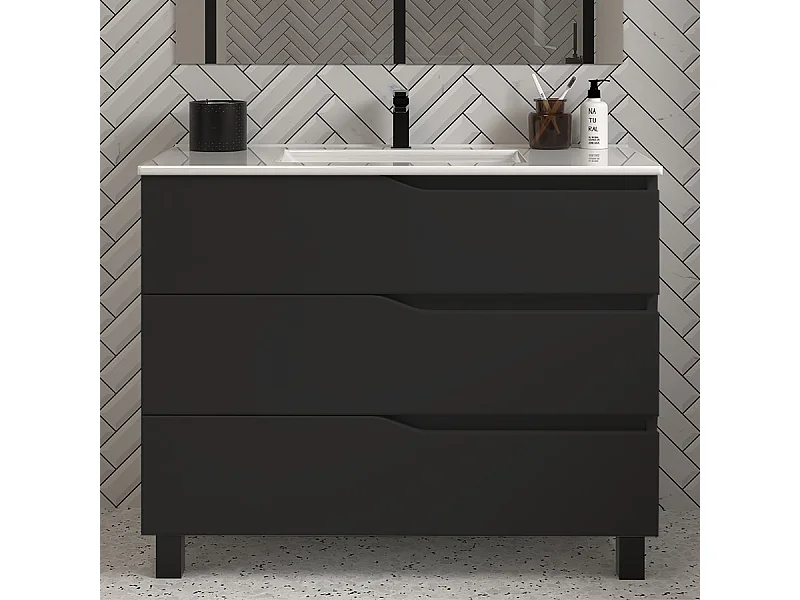 Meuble de salle de bain 90cm simple vasque - 3 tiroirs - sans miroir - noir - MATA