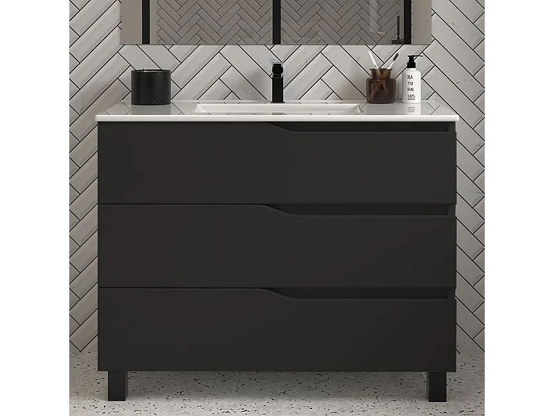 Meuble de salle de bain 90cm simple vasque - 3 tiroirs - sans miroir - noir - MATA