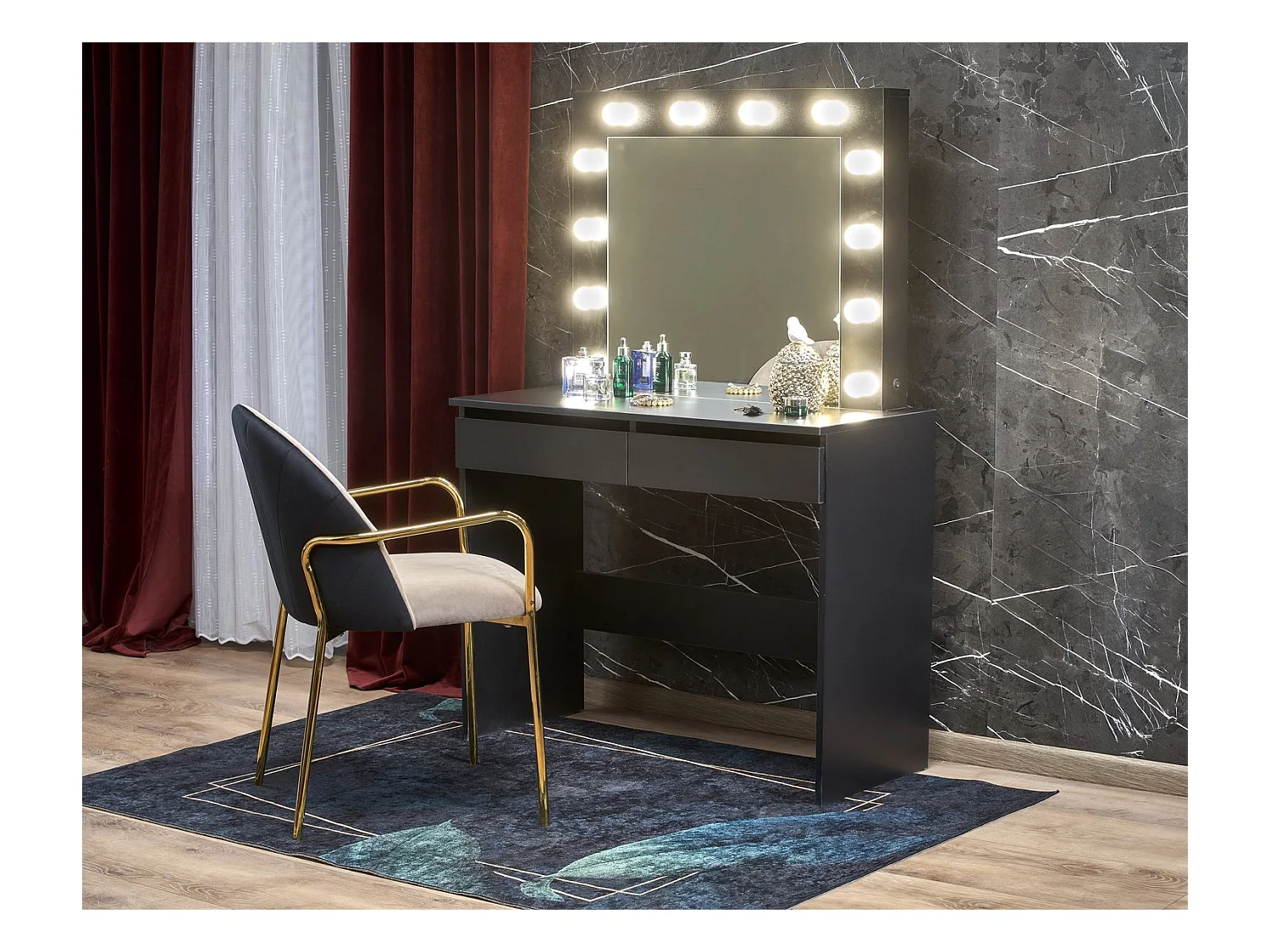 Hollywood-S dressing table/LED/drawers/Noir