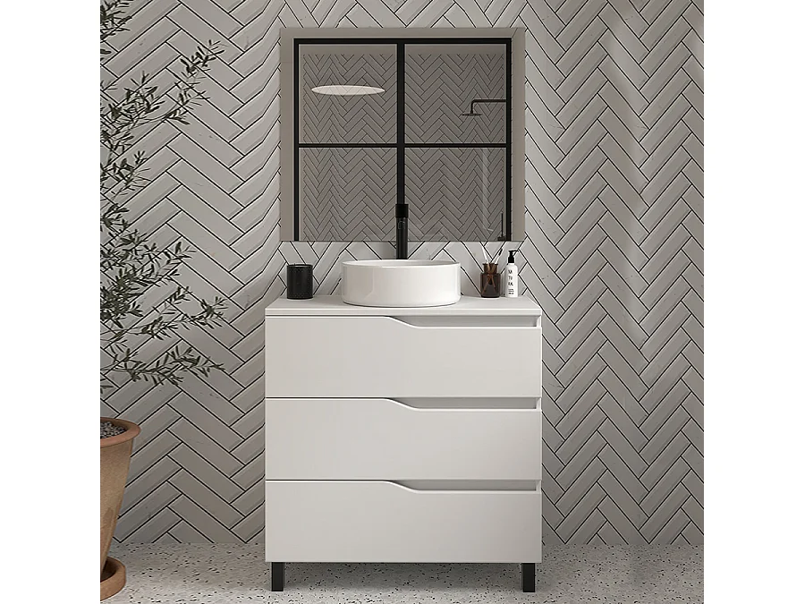 Meuble de salle de bain 60 avec plateau et vasque à poser - 3 tiroirs - blanc - MATA