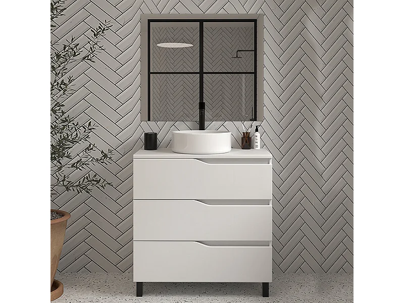 Meuble de salle de bain 60 avec plateau et vasque à poser - 3 tiroirs - blanc - MATA