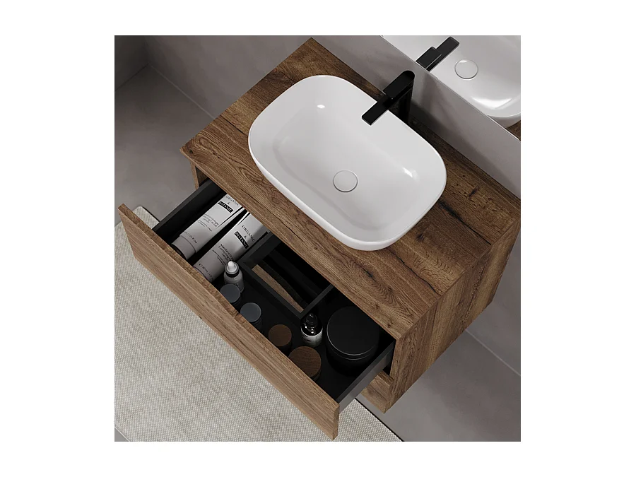 Meuble de salle de bain 70cm avec plateau et vasque à poser zeus - 2 tiroirs - sans miroir - tabaco (chêne foncé) - LUNA
