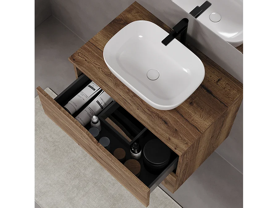 Meuble de salle de bain 70cm avec plateau et vasque à poser zeus - 2 tiroirs - sans miroir - tabaco (chêne foncé) - LUNA