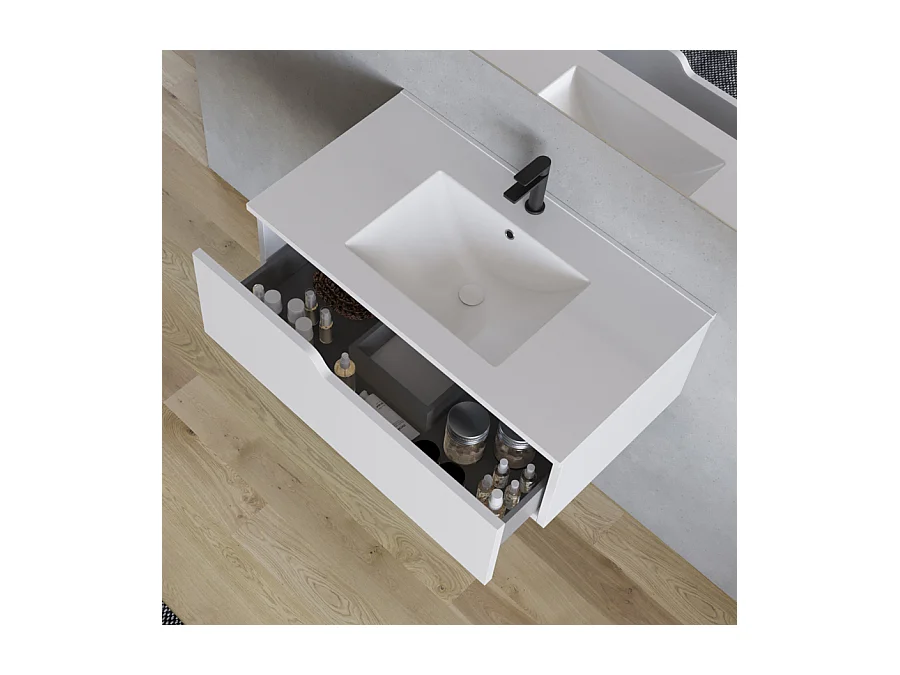 Meuble de salle de bain 80cm avec plan simple vasque - 1 tiroir - blanc - CADIX