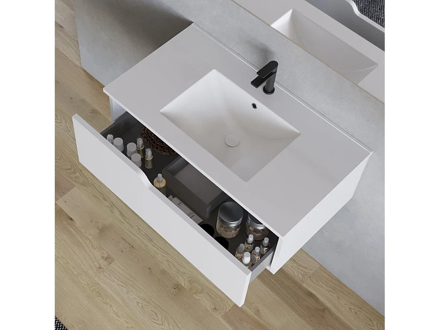 Meuble de salle de bain 80cm avec plan simple vasque - 1 tiroir - blanc - CADIX