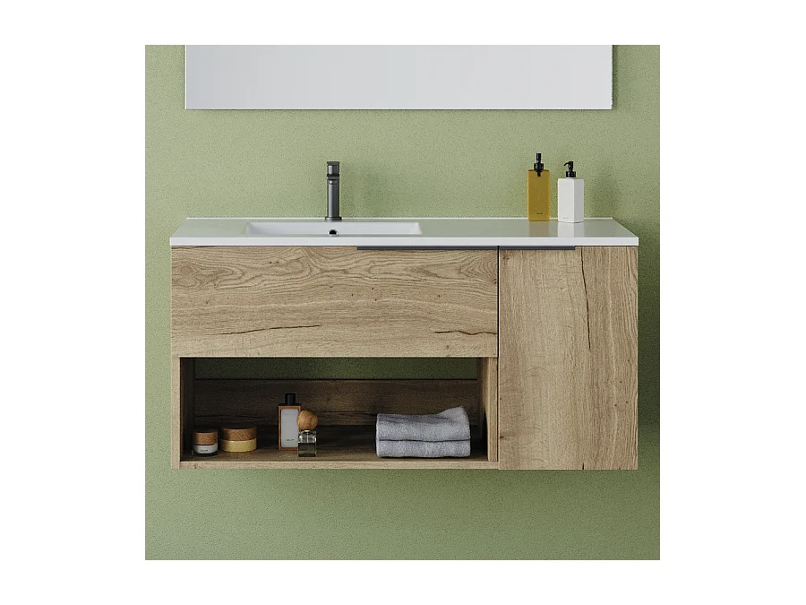 Meuble de salle de bain 100cm avec vasque déportée - sans miroir - roble (chêne clair) - MORENA