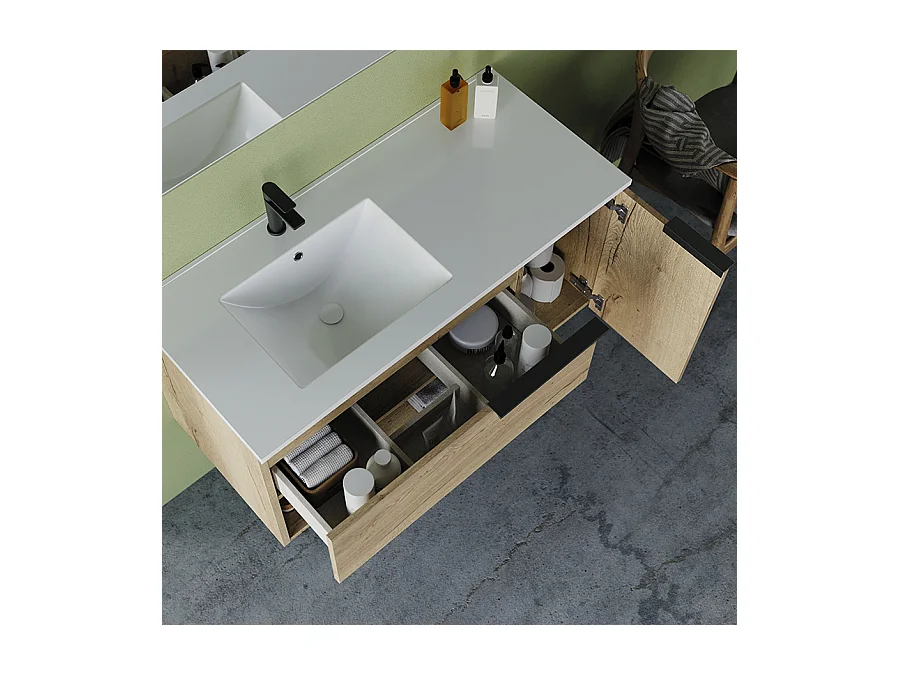 Meuble de salle de bain 100cm avec vasque déportée - sans miroir - roble (chêne clair) - MORENA