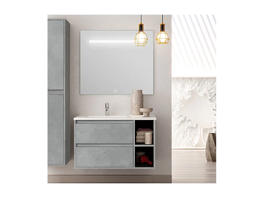 Meuble de salle de bain vasque déportée 2 tiroirs OLYMPE et miroir Led STAM - ciment (gris) - 80cm