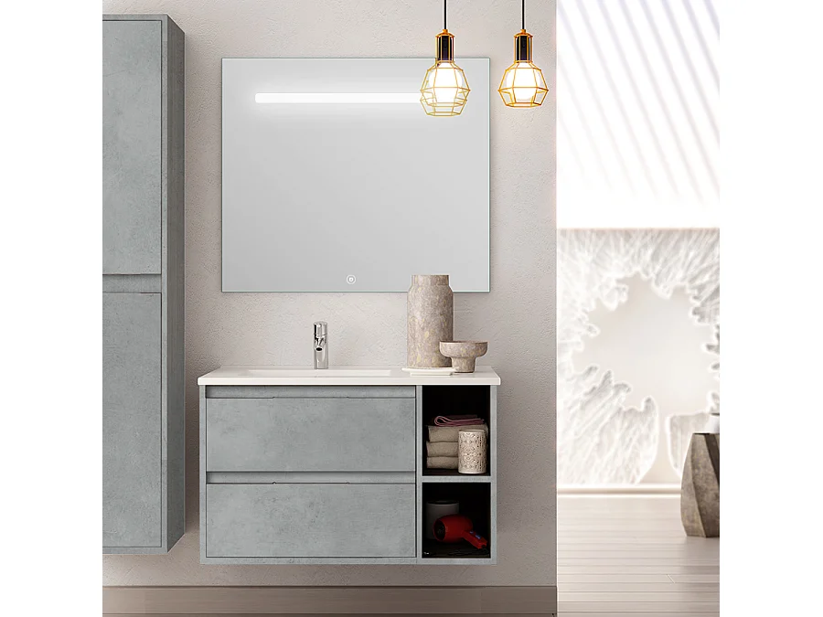 Meuble de salle de bain vasque déportée 2 tiroirs OLYMPE et miroir Led STAM - ciment (gris) - 80cm