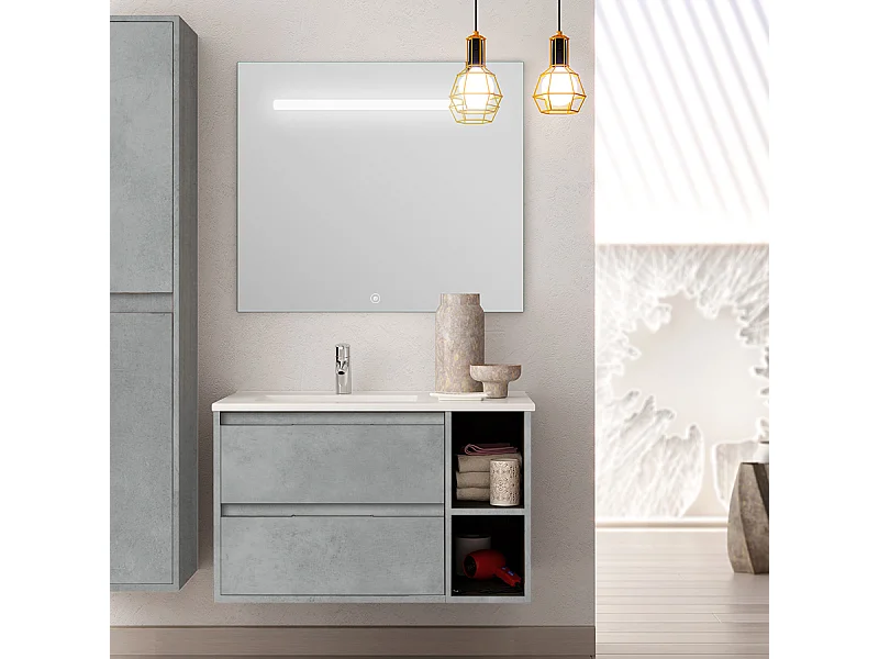 Meuble de salle de bain vasque déportée 2 tiroirs OLYMPE et miroir Led STAM - ciment (gris) - 80cm