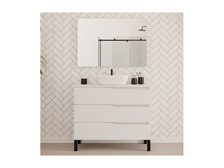 Meuble de salle de bain 100cm avec plateau et vasque à poser zeus - 3 tiroirs - blanc - MATA