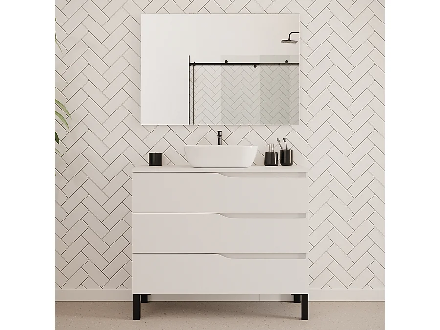 Meuble de salle de bain 100cm avec plateau et vasque à poser zeus - 3 tiroirs - blanc - MATA