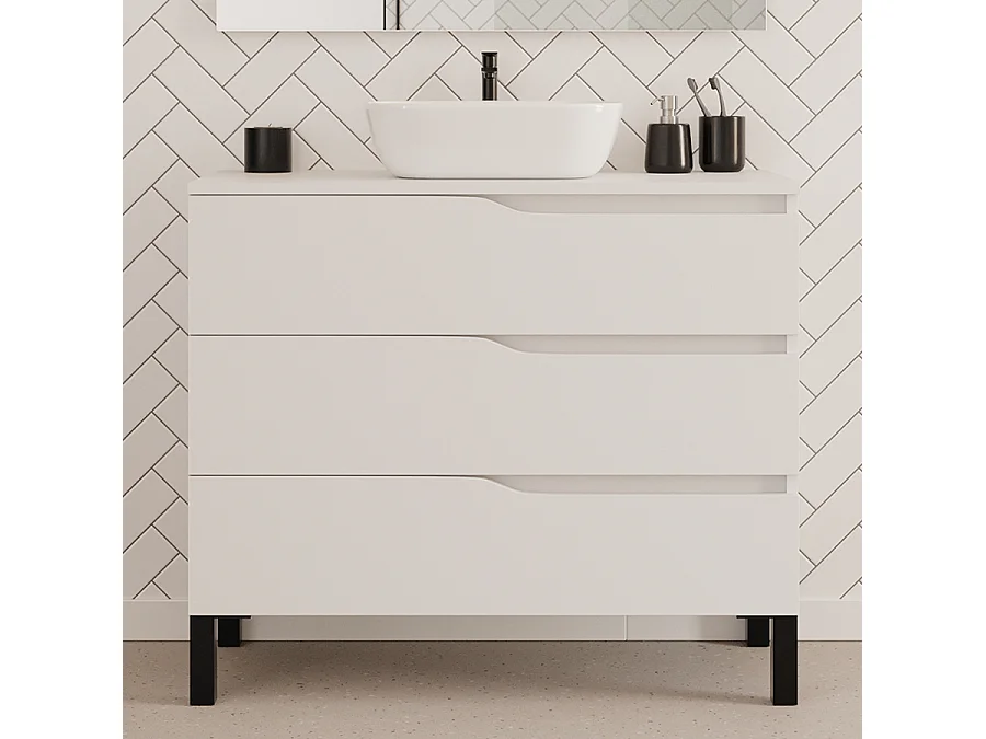 Meuble de salle de bain 100cm avec plateau et vasque à poser zeus - 3 tiroirs - blanc - MATA