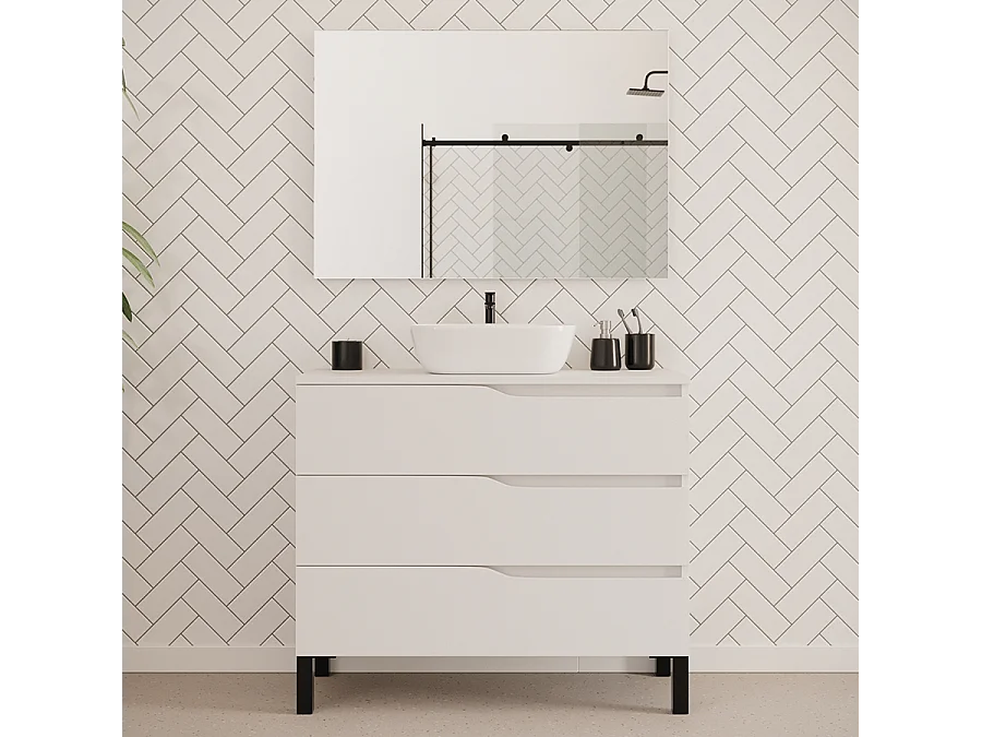 Meuble de salle de bain 100cm avec plateau et vasque à poser zeus - 3 tiroirs - blanc - MATA