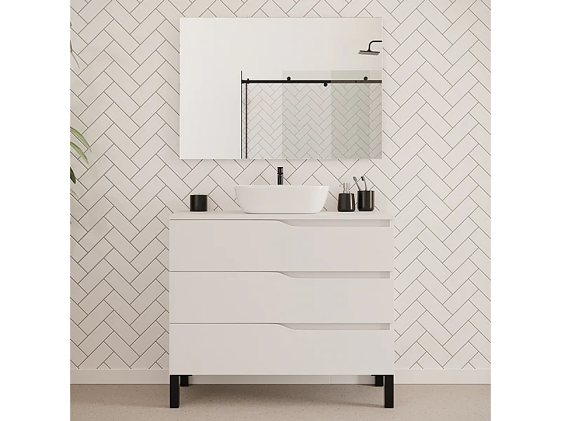 Meuble de salle de bain 100cm avec plateau et vasque à poser zeus - 3 tiroirs - blanc - MATA