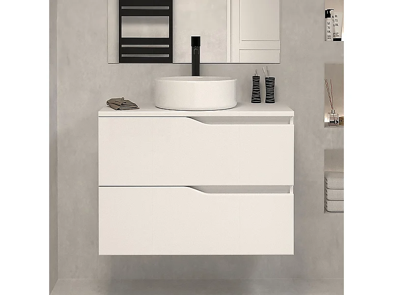 Meuble de salle de bain 60 avec plateau et vasque à poser - sans miroir - 2 tiroirs - blanc - LUNA