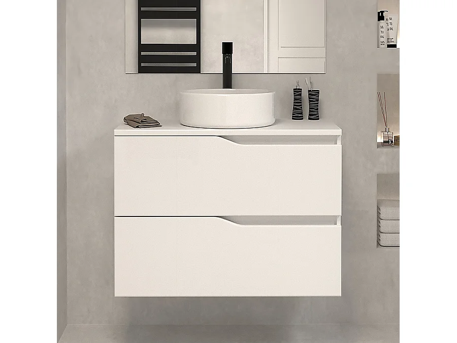 Meuble de salle de bain 60 avec plateau et vasque à poser - sans miroir - 2 tiroirs - blanc - LUNA