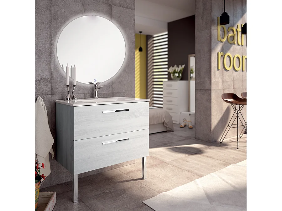 Meuble de salle de bain simple vasque - 2 tiroirs - CINTO et miroir rond led SOLEN - hibernian (bois blanchi) - 80cm