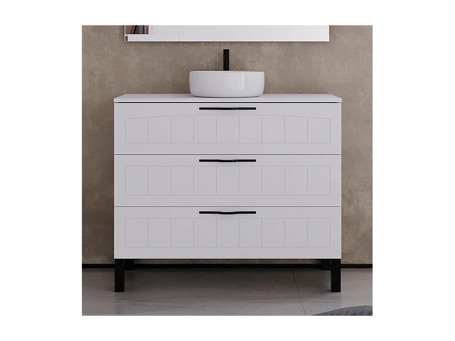 Meuble de salle de bain 90cm avec plateau et vasque à poser ronde - 3 tiroirs - sans miroir - blanc - CALA