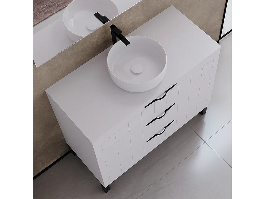 Meuble de salle de bain 90cm avec plateau et vasque à poser ronde - 3 tiroirs - sans miroir - blanc - CALA
