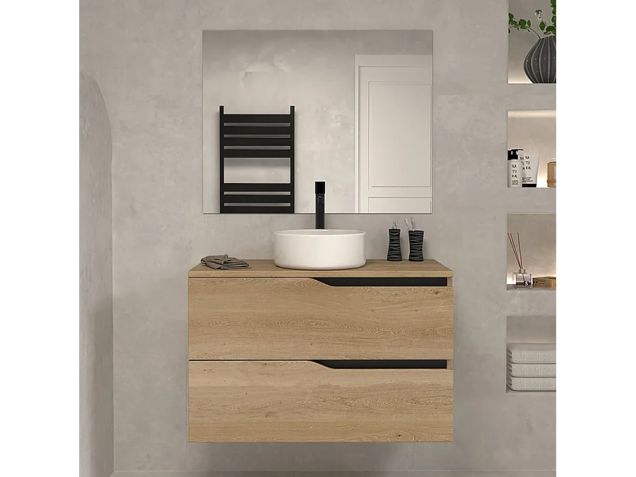 Meuble de salle de bain 80 avec plateau et vasque à poser - 2 tiroirs - madera miel (bois clair) - LUNA