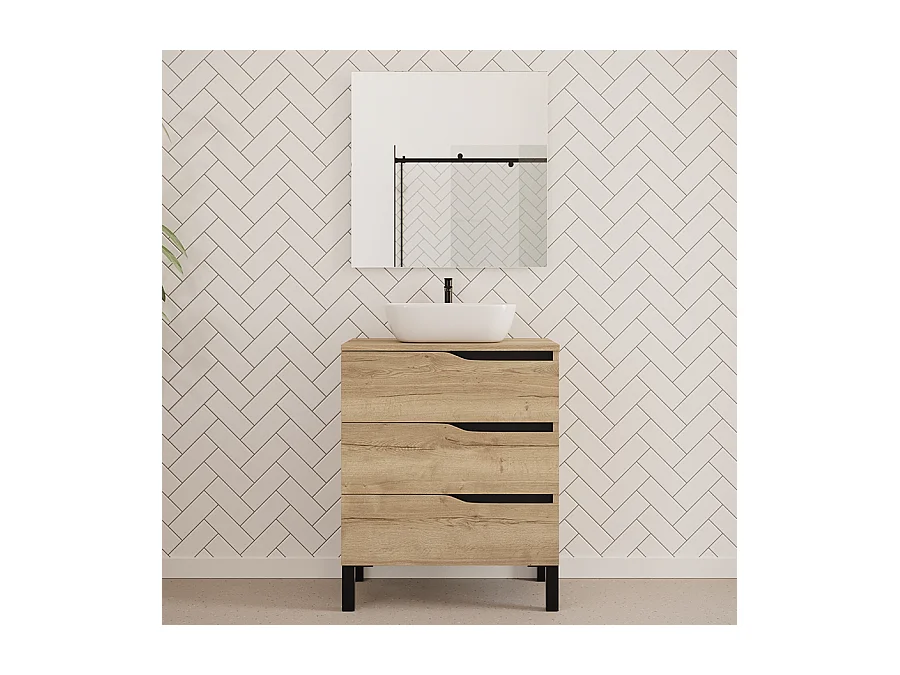 Meuble de salle de bain 60cm avec plateau miel et vasque à poser zeus - 3 tiroirs - blanc - MATA