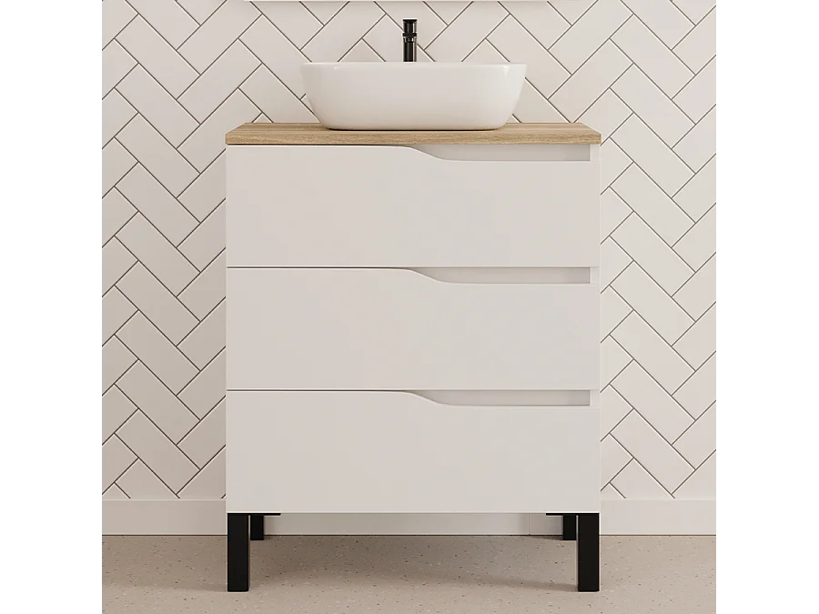 Meuble de salle de bain 60cm avec plateau miel et vasque à poser zeus - 3 tiroirs - blanc - MATA