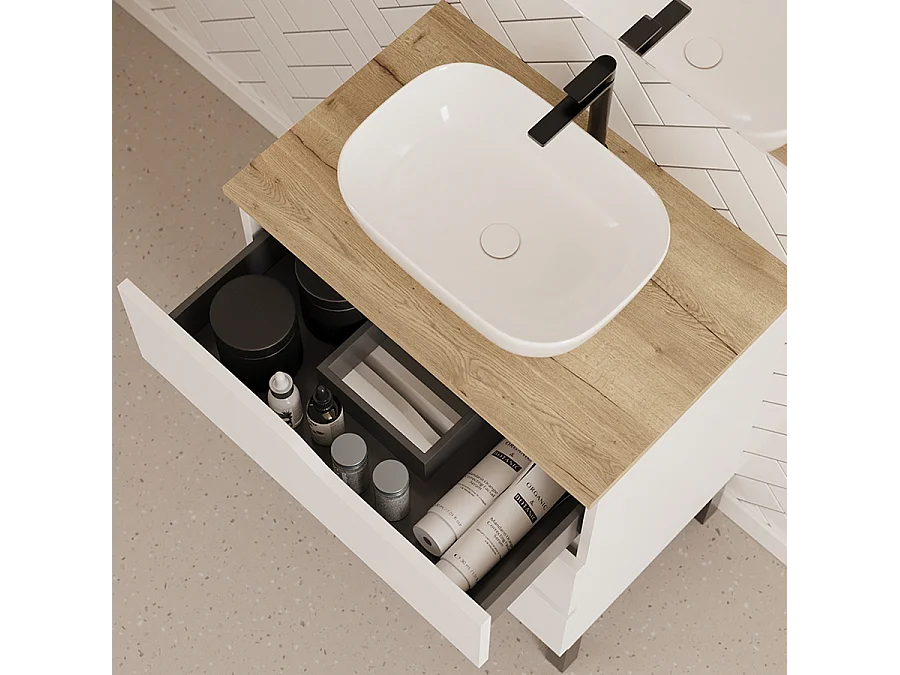 Meuble de salle de bain 60cm avec plateau miel et vasque à poser zeus - 3 tiroirs - blanc - MATA
