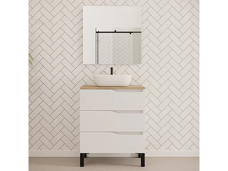 Meuble de salle de bain 60cm avec plateau miel et vasque à poser zeus - 3 tiroirs - blanc - MATA