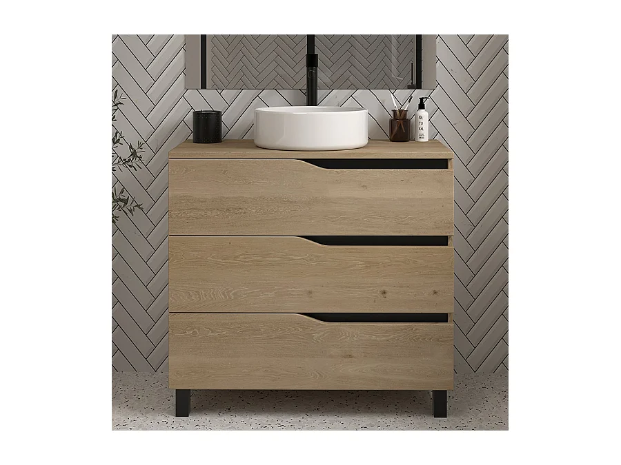 Meuble de salle de bain 80 avec plateau et vasque à poser - sans miroir - 3 tiroirs - madera miel (bois clair) - MATA