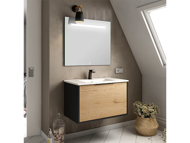 Meuble de salle de bain simple vasque - 1 façade et 2 tiroirs - ALBA et miroir STAM - noir-Chêne - 80cm