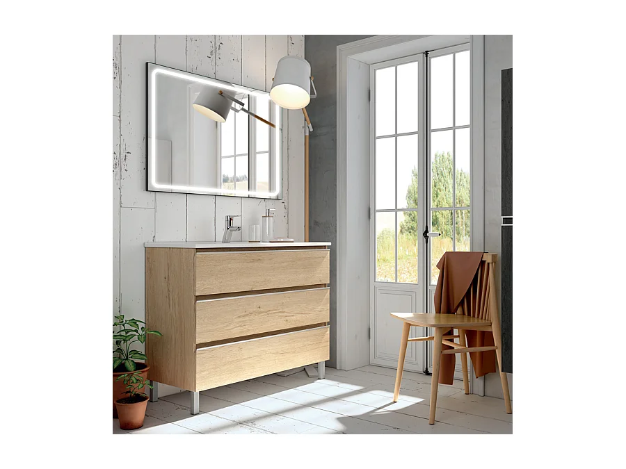 Meuble de salle de bain simple vasque - 3 tiroirs - PALMA et miroir Led VELDI - bambou (chêne clair) - 100cm