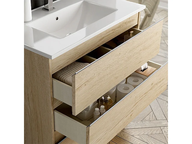 Meuble de salle de bain simple vasque - 3 tiroirs - PALMA et miroir Led VELDI - bambou (chêne clair) - 100cm