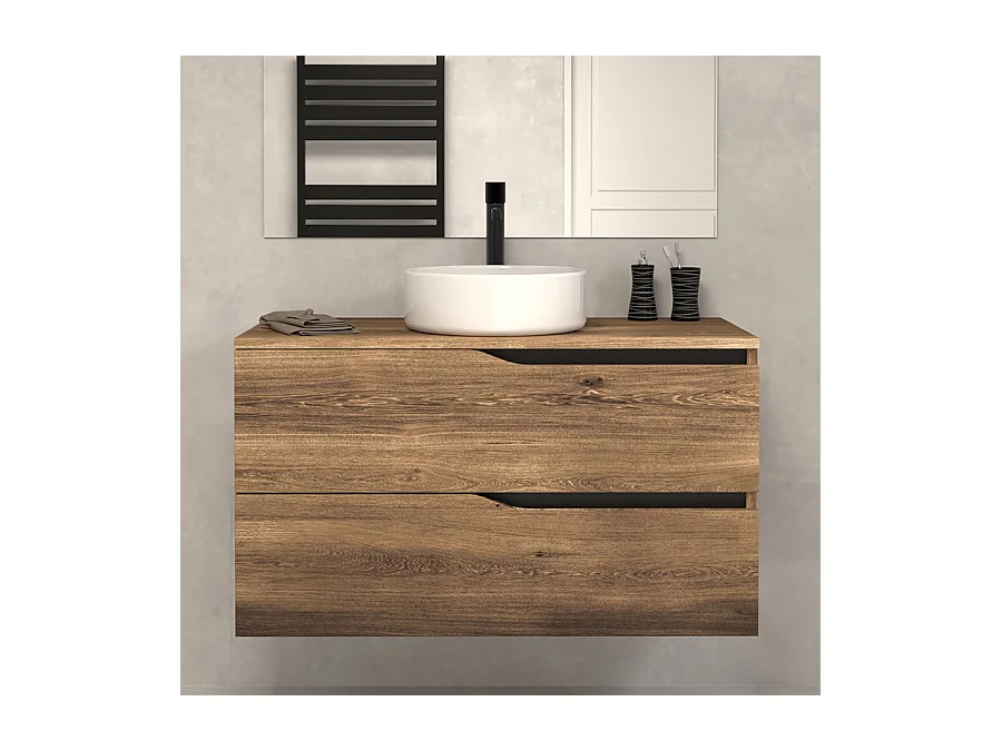 Meuble de salle de bain 100 avec plateau et vasque à poser - 2 tiroirs - tabaco (bois foncé) - LUNA
