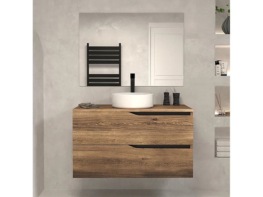Meuble de salle de bain 100 avec plateau et vasque à poser - 2 tiroirs - tabaco (bois foncé) - LUNA