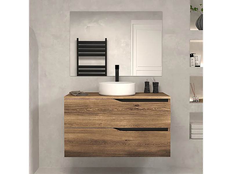 Meuble de salle de bain 100 avec plateau et vasque à poser - 2 tiroirs - tabaco (bois foncé) - LUNA