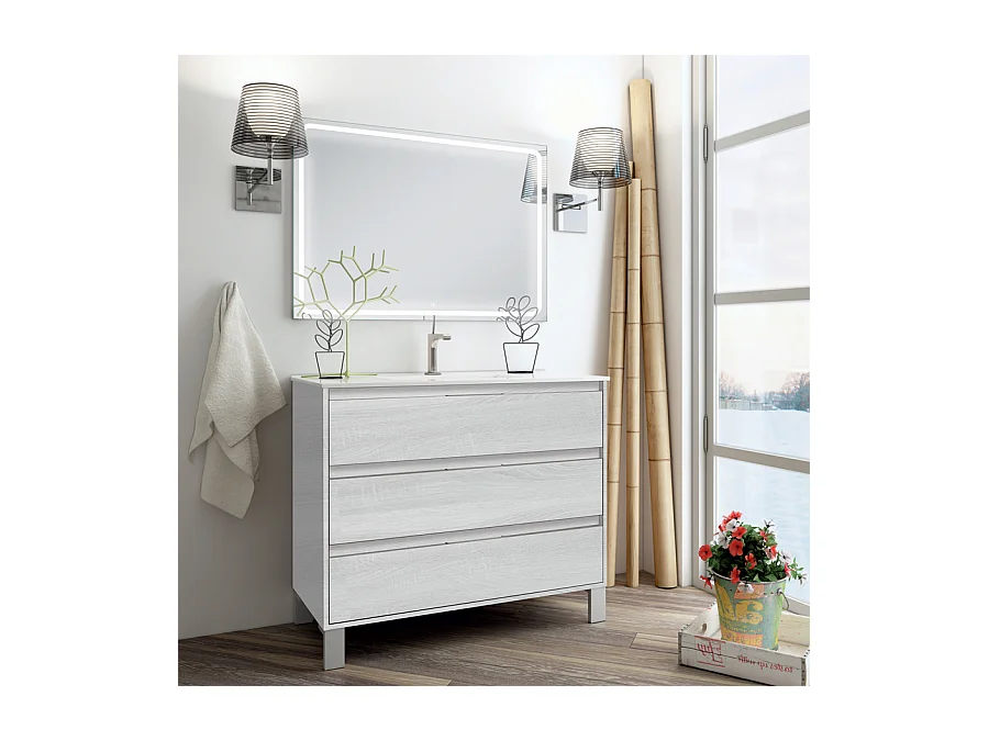 Meuble de salle de bain simple vasque - 3 tiroirs - TIRIS 3C et miroir Led STAM - hibernian (bois blanchi) - 100cm