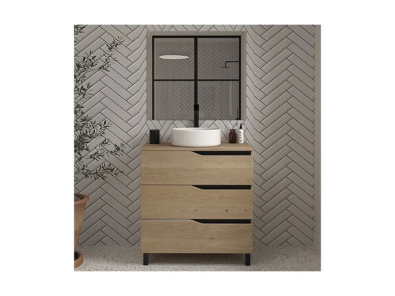Meuble de salle de bain 60 avec plateau et vasque à poser - 3 tiroirs - madera miel (bois clair) - MATA