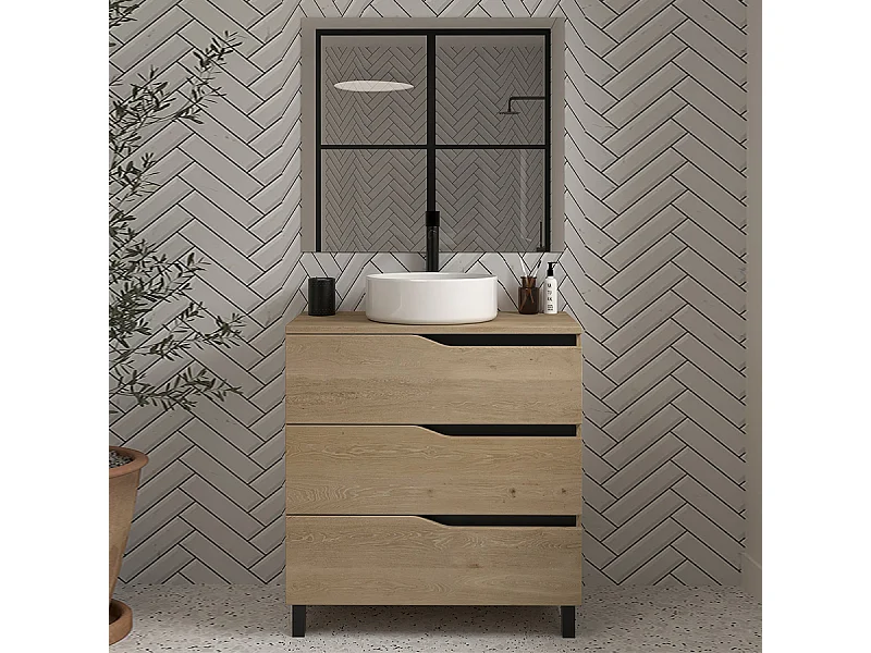 Meuble de salle de bain 60 avec plateau et vasque à poser - 3 tiroirs - madera miel (bois clair) - MATA