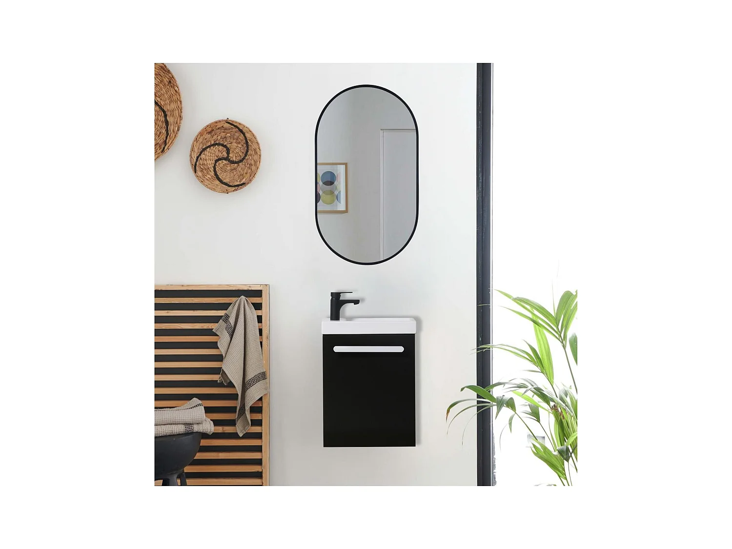 Ensemble lave-mains suspendu avec poignée métal et miroir ovale noir