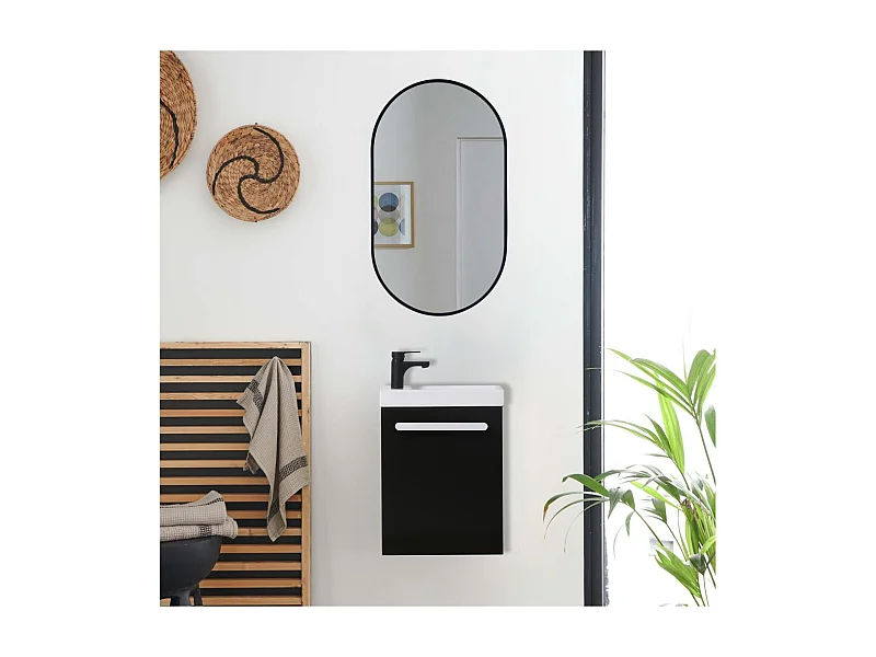 Ensemble lave-mains suspendu avec poignée métal et miroir ovale noir