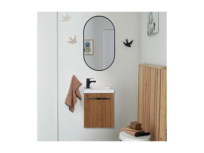 Ensemble lave-mains suspendu avec poignée métal, robinet noir et miroir ovale noir