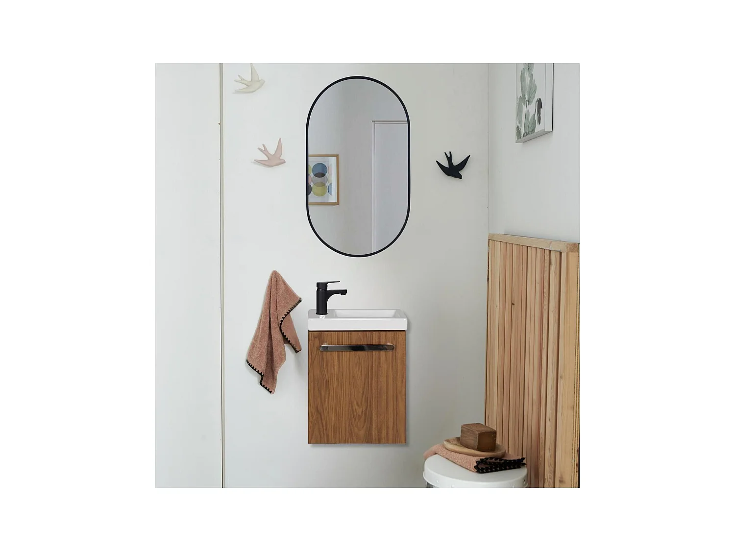 Ensemble lave-mains suspendu avec poignée métal, robinet noir et miroir ovale noir