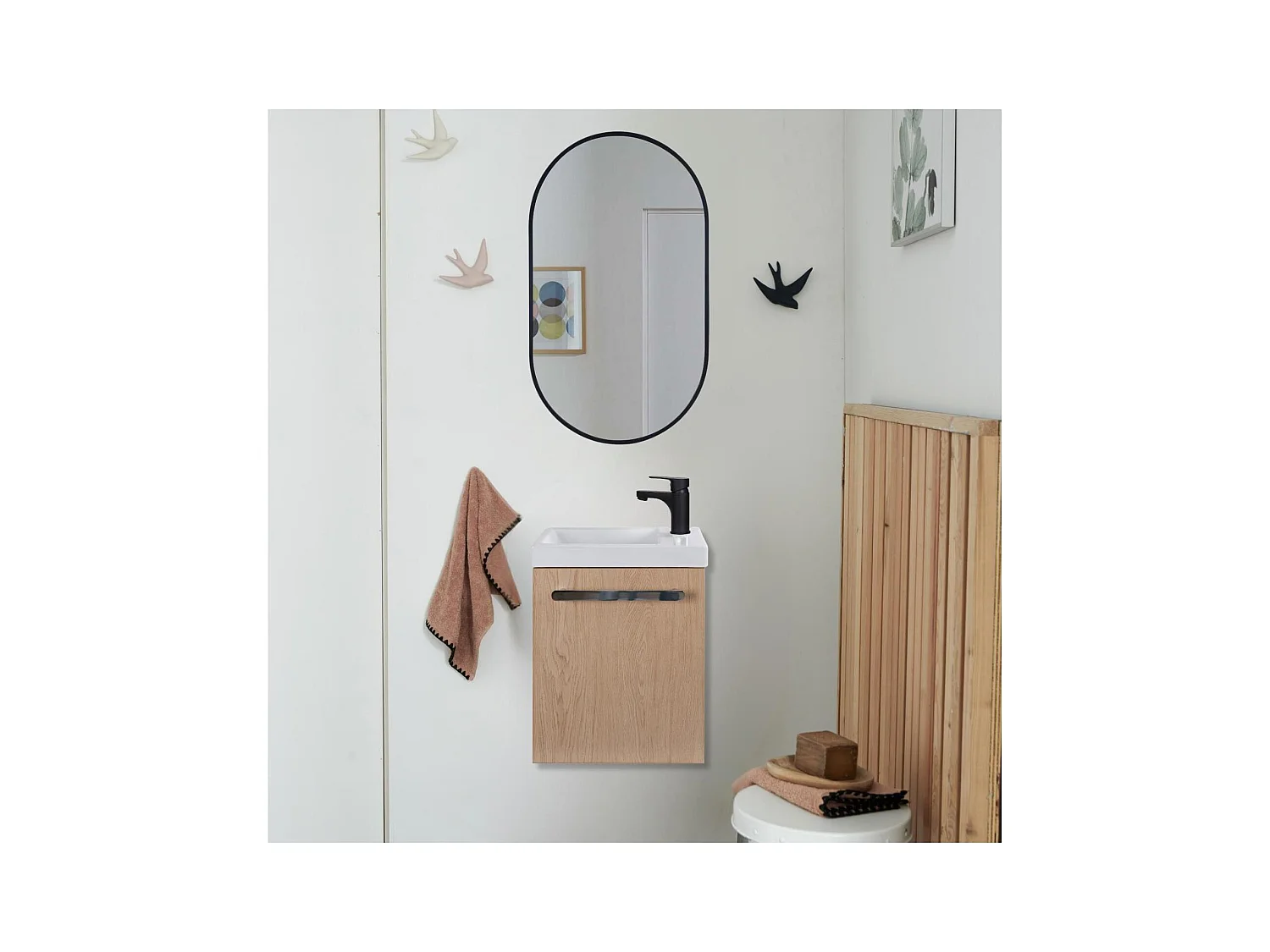 Ensemble lave-mains suspendu avec poignée métal et miroir ovale noir