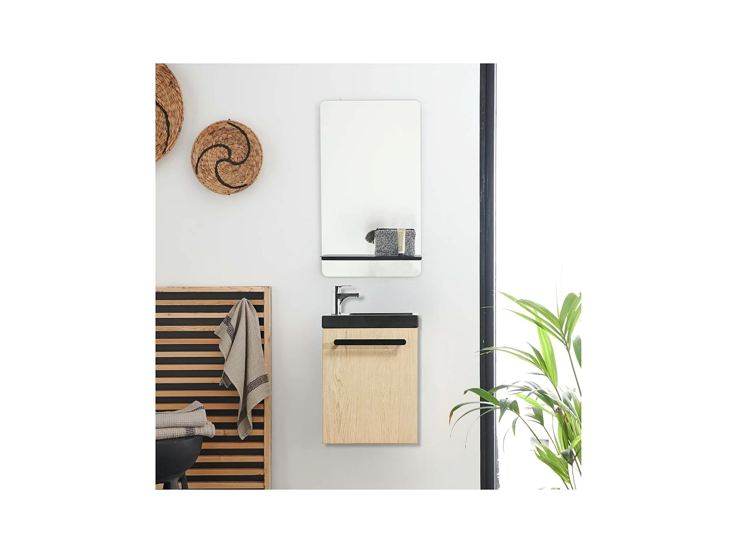 Ensemble lave-mains suspendu avec poignée métal et miroir tablette