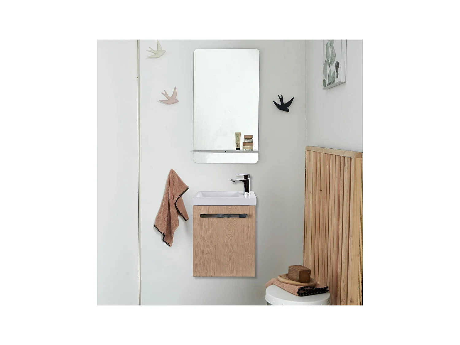 Ensemble lave-mains suspendu avec poignée métal, robinet chromé et miroir tablette