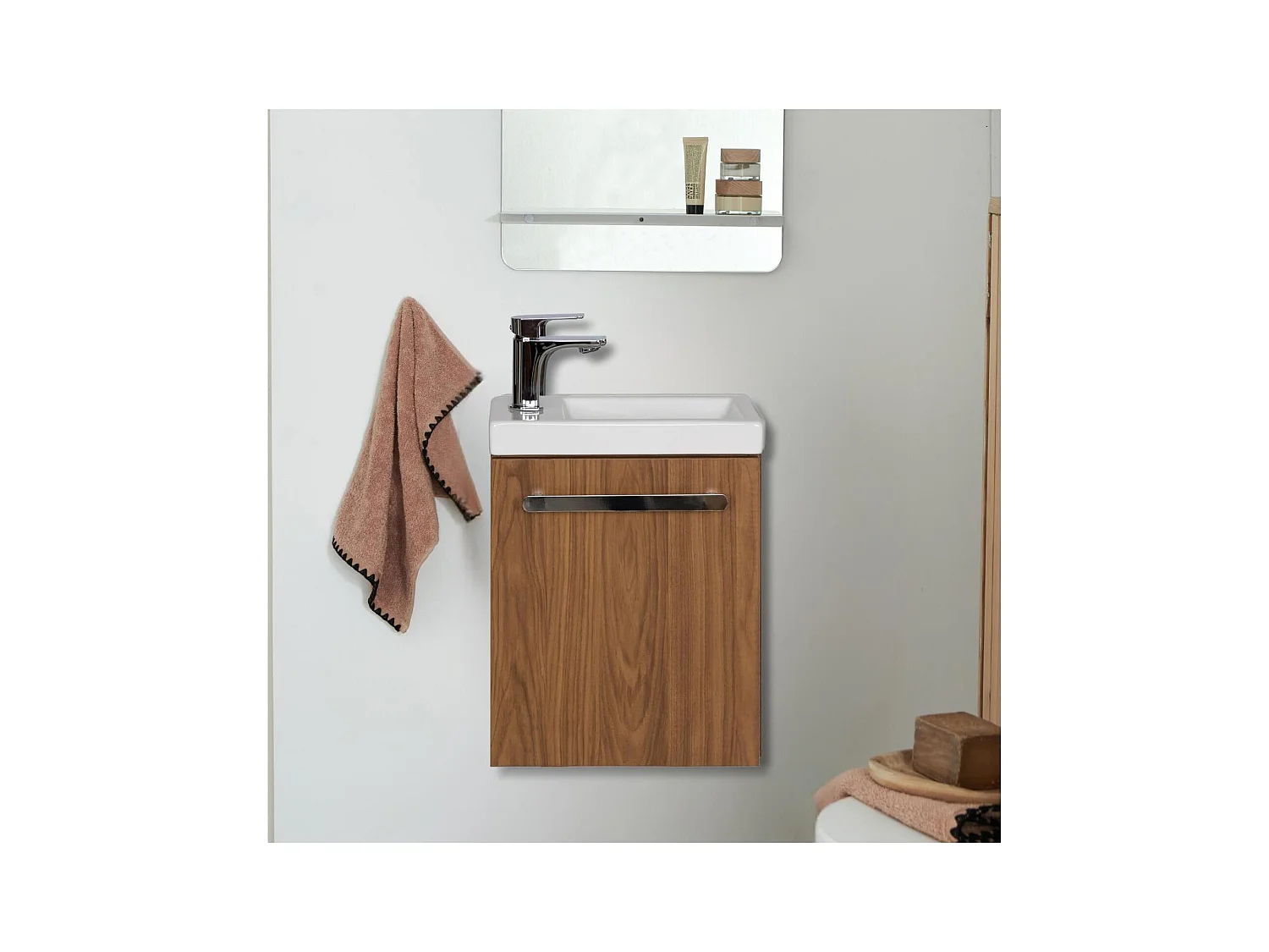 Ensemble lave-mains suspendu avec poignée métal et robinet chromé